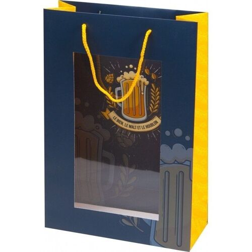 Sac carton FSC bleu/jaune 'biere' pour 3 bouteilles+ fenetre-C733