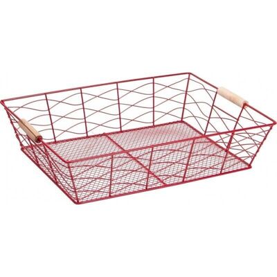 Red metal basket 2 natural wood handles-C859