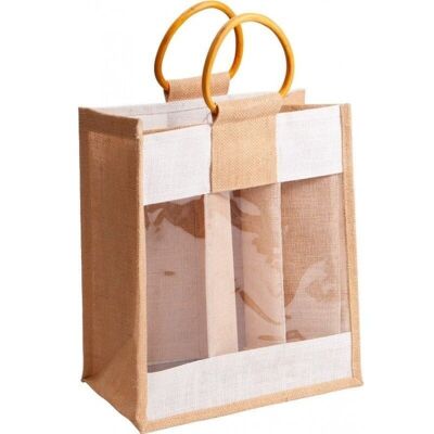 Natural and white jute bag for 3 bottles-Z198