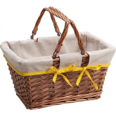 Wicker basket in wood and ecru fabric with yellow edge 2 foldable handles-A124