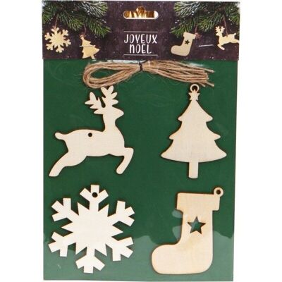 Set of 4 wooden suspensions - reindeer fir snowflake sock-C189