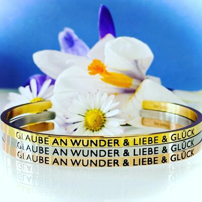 BELIEVE IN WONDER & LOVE & LUCK, jonc acier inoxydable argent, rose et or