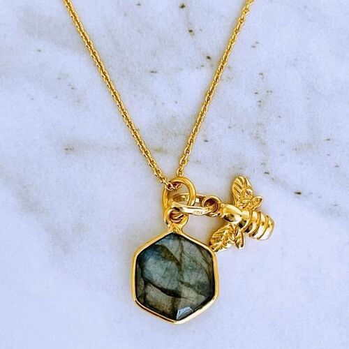 The Hexagon "Queen Bee" Labradorite Gemstone Necklace - Gold Plated