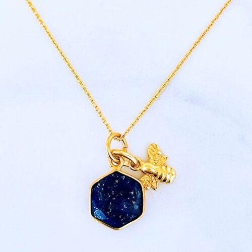 The Hexagon "Queen Bee" Lapis Lazuli Gemstone Necklace - Gold Plated