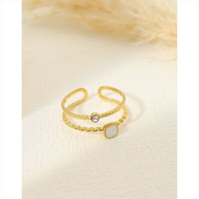 Golden double line rhinestone and mother-of-pearl ring
