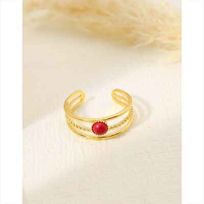 Triple line golden ring with red stone