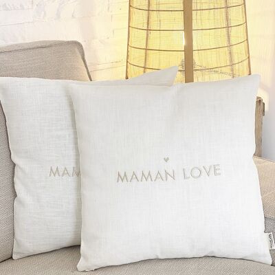 Housse de coussin brodée - 100% Lin - blanc craie - Maman Love