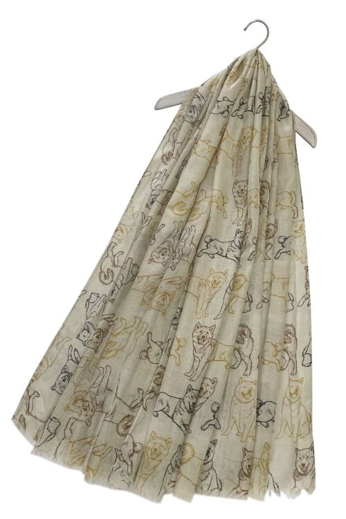 Shiba Inu Dog Print Scarf with Frayed Edge - Beige