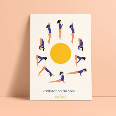 Affiche illustrée yoga  "la salutation au soleil" ☀️ femmes, asanas