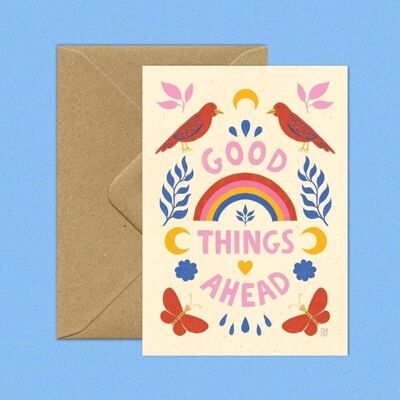 Postal Buenas cosas por delante A6 | cita positiva, letras, alegría y optimismo.