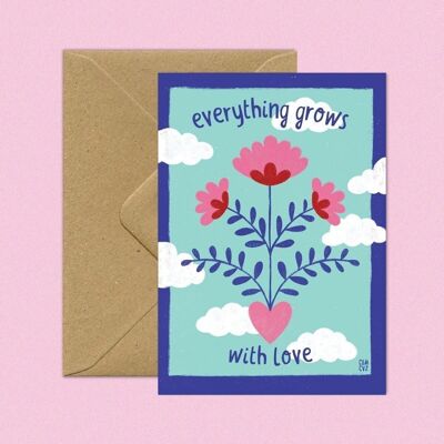 Carte postale Everything grows with love A6 | citation positive, lettering, amour