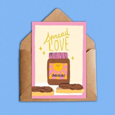 Carte postale chocolatée "Spread love" A6 | citation positive, gourmande | pâte à tartiner