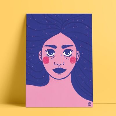 Póster ilustrado "retrato rosa" | retrato de mujer azul y rosa