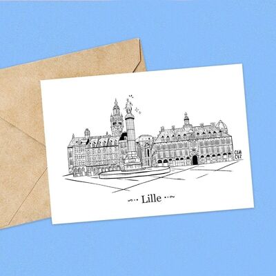 Afiche de la Grand place de Lille, ilustración en tinta, arquitectura, líneas finas