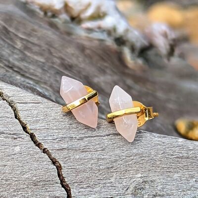 Double Terminated Rose Quartz Gemstone Stud Earrings - Gold Plated
