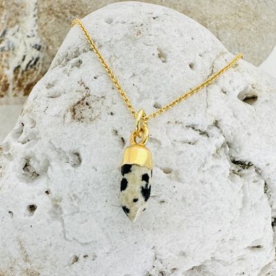 Le collier de pierres précieuses de jaspe dalmatien En Pointe - Plaqué or