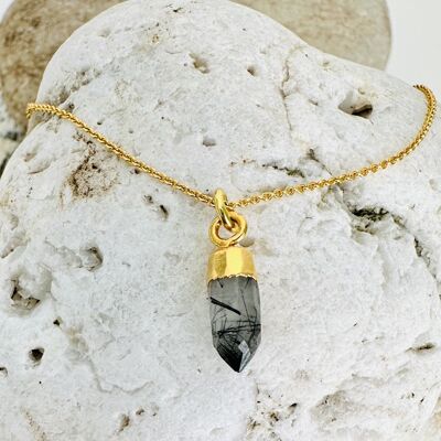 Le collier de pierres précieuses de quartz tourmaliné En Pointe - Plaqué or