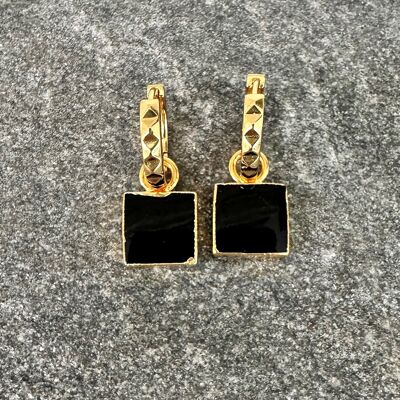 The Square Black Onyx Gemstone Hoop Earrings - Gold Plated