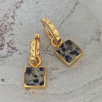 The Square Dalmatian Jasper Gemstone Hoop Earrings - Gold Plated