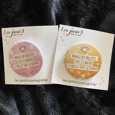 2 Badges 45mm with pin "Eat glitter.." Pink/Gold