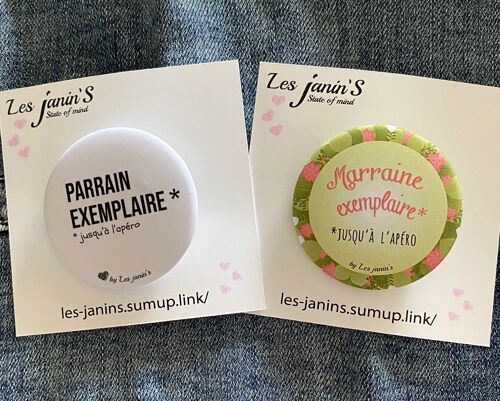 2 Badges épingles 45mm "Parrain/Marraine exemplaire jusqu'à l'Apéro,