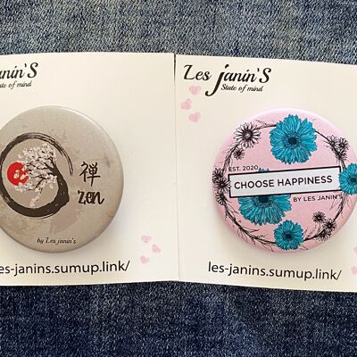 2 45mm pin badges “ZEN”, “Choose Happiness