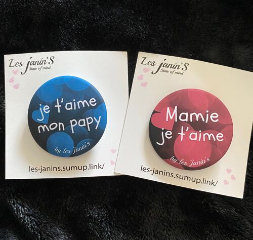 2 Badges épingles 45mm Mamie/Papy