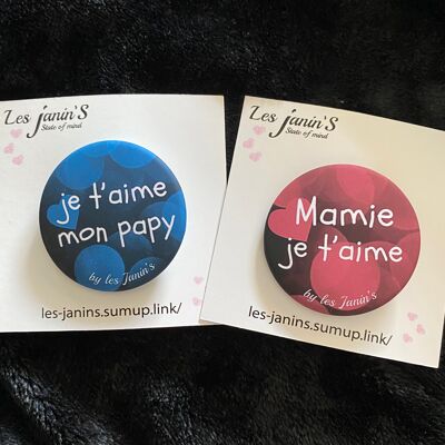 2 Badges épingles 45mm Mamie/Papy