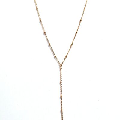 Gold Stainless Steel Beaded Y Necklace with Pink Jasper Pendant