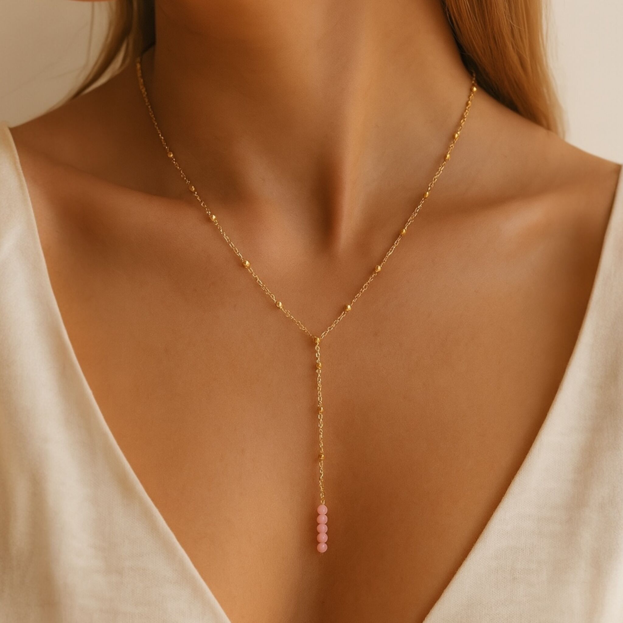 Collana a Y con perline in acciaio inossidabile dorato con pendente in diaspro rosa