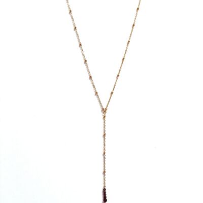 Gold Stainless Steel Beaded Y Necklace with Garnet Pendant
