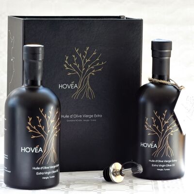 Coffret deux bouteilles 500 ml  Huile d'Olive Vierge Extra HOVEA 1 fruité mur (douce) et  1 fruité vert (intense)