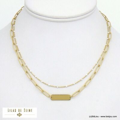 Zweireihige Halskette mit rechteckiger Platte aus Edelstahl 0121021