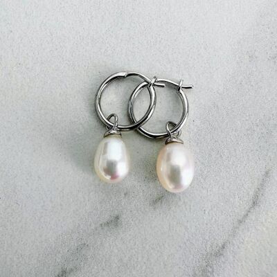 Pearl Accent Hoop Earrings - Sterling Silver