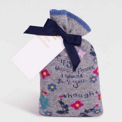 Viola Organic Cotton Floral Socks In A Bag - Grey Marle