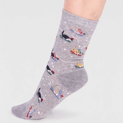 Amaryllis Organic Cotton Skiing Cat Sock - Grey Marle