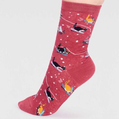 Amaryllis Organic Cotton Skiing Cat Sock - Brick Red