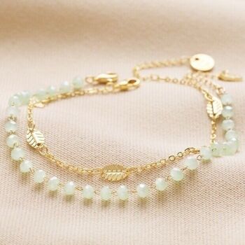 Lot de 2 bracelets chaîne feuille et perles vertes en or 1