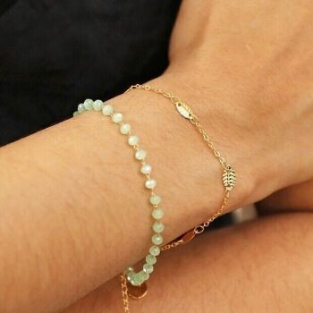 Lot de 2 bracelets chaîne feuille et perles vertes en or 2
