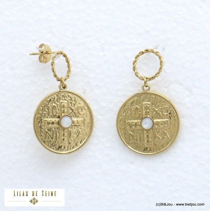 Gotische Kreuzohrringe gravierter Stein Stahl 0321086