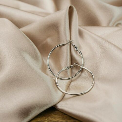 40MM Silver Large Round Dainty Minimal Pipe Threader Statement Hoop Earrings