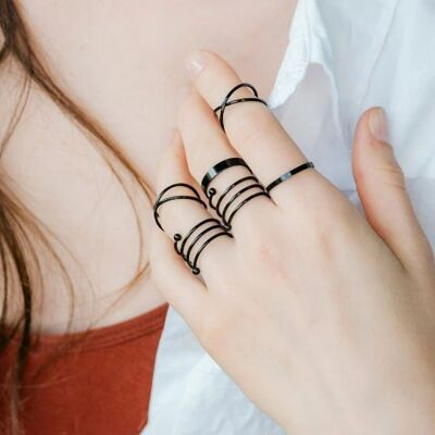 6 Piece Black Spring Punk Band Multi Finger Boho Ring Jewellery