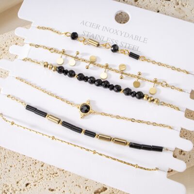 Set of 6 black stone bracelets