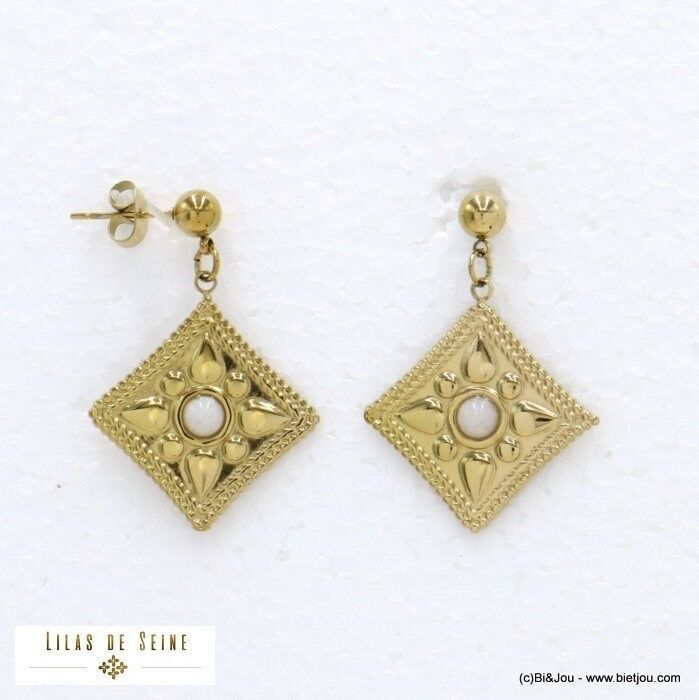 Boucles d'oreilles acier inox rococo cabochon pierre 0322037