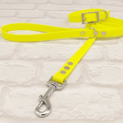 Waterproof BioThane© Dog Collar & Dog Lead Set - Neon Yellow & Silver