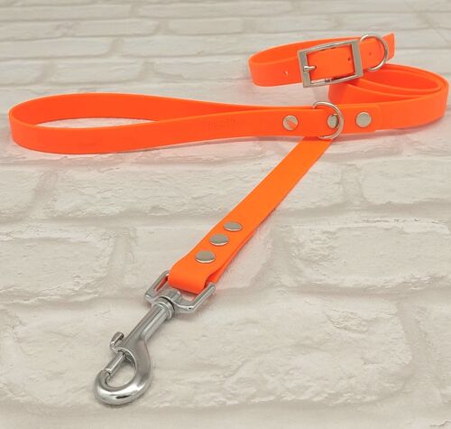 Waterproof BioThane© Dog Collar & Dog Lead Set - Neon Orange & Silver