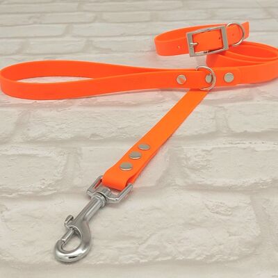 Ensemble Collier et Laisse pour Chien BioThane© Imperméable - Orange Fluo & Argent