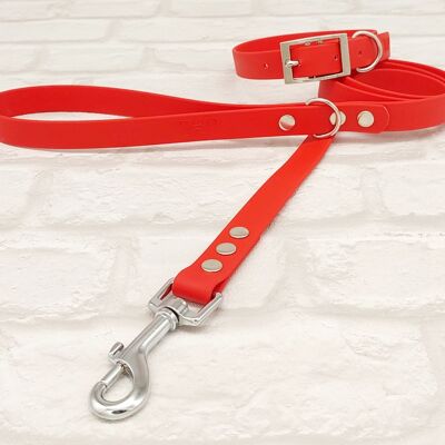 Waterproof BioThane© Dog Collar & Dog Lead Set - Red & Silver