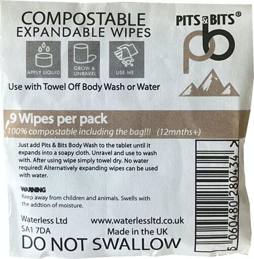 Pits and Bits 9pk of Compostable, Expanding wipes, Ultra Strong and Large.