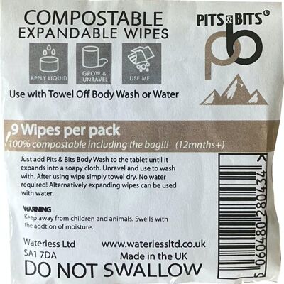 Pits and Bits 9pk of Compostable, Expanding wipes, Ultra Strong and Large.